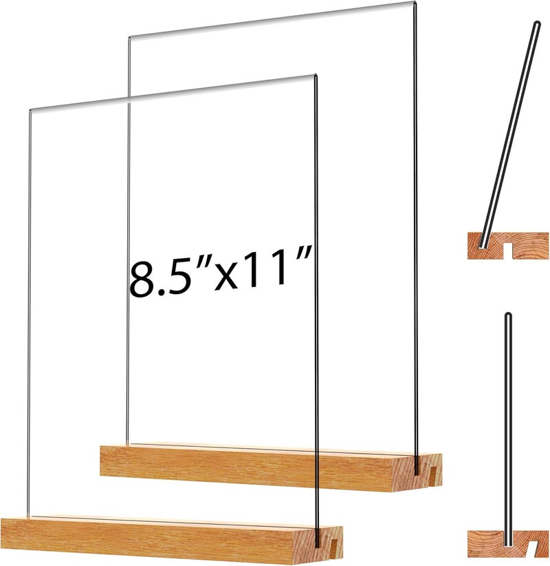 JDEA Acrylic Sign Holder with Wood Base 8.5x11 Inch Vertical and Slant Displays (2 Pack 8.5*11") - Image 1
